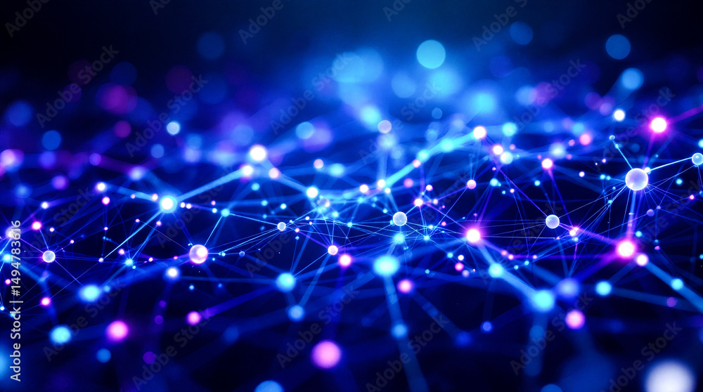 Futuristic, abstract representation of glowing digital network with interconnected nodes and vibrant neon lights. Ideal for use in technology presentations, AI and machine learning content. Futuristic, abstract representation of glowing digital network with interconnected nodes and vibrant neon lights. Ideal for use in technology presentations, AI and machine learning content.