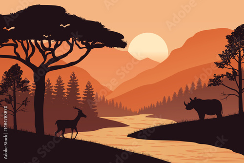 Wildlife Landscape at Sunset with Silhouettes of a Deer and Rhinoceros Near a Winding River. Warm Savanna Illustration with Acacia Trees, Pine Forest, and Mountain Range in a Peaceful Nature Scene