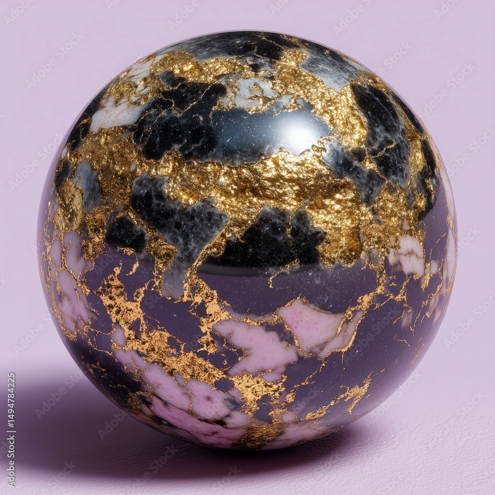 Black and gold Portoro marble ball on soft lavender background, luxury veining, reflective surface, high-end decor Black and gold Portoro marble ball on soft lavender background, luxury veining, reflective surface, high-end decor