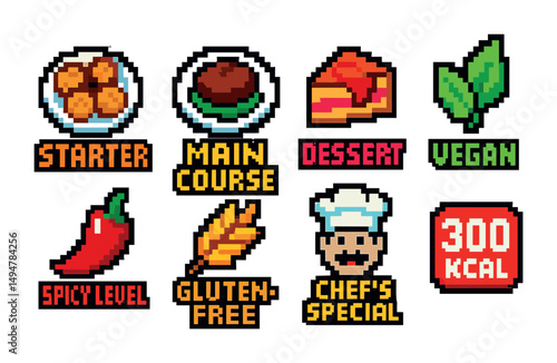 Restaurant and dining pixel art icons set – culinary, food, menu graphics