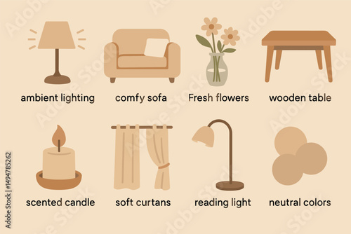 Home decor flat icons set – ambient, cozy and interior design symbols