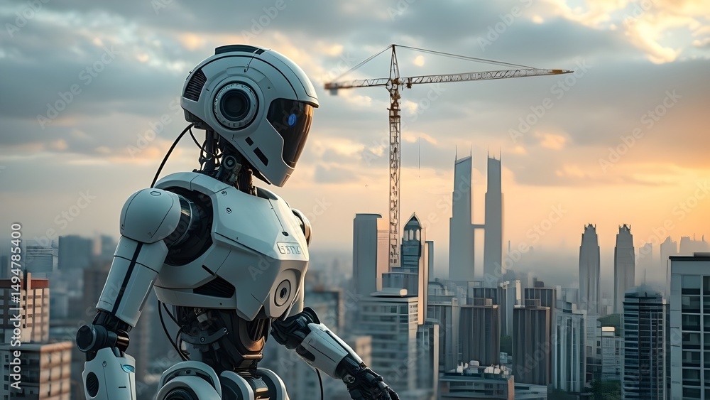 Fototapeta premium Artificial intelligence robots constructing and maintaining the city.