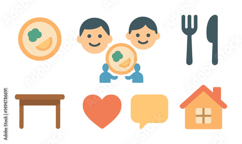 Community and family flat icons set – social, togetherness, home life symbols