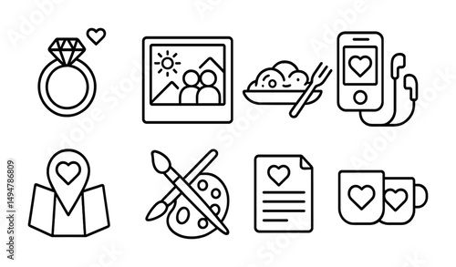 Wedding and romance outline icons set – love, marriage, celebration symbols