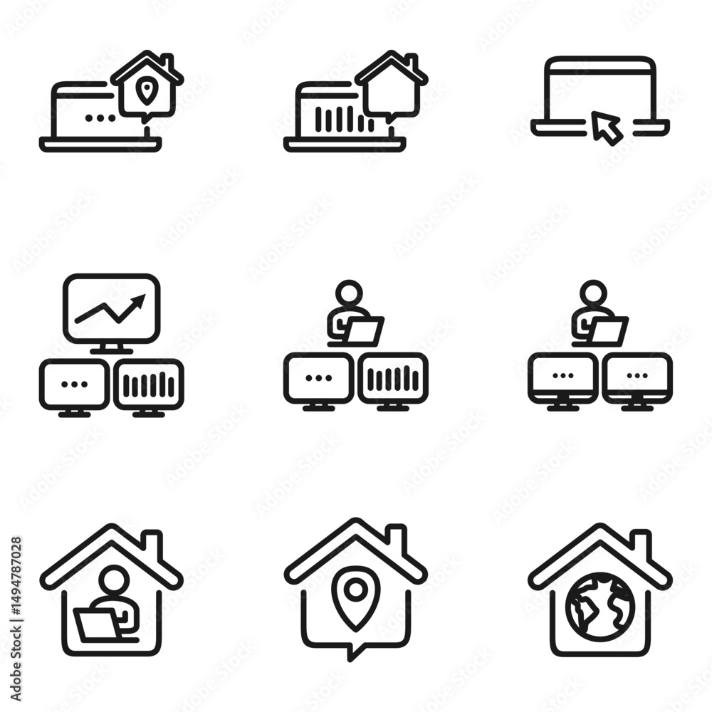 Remote Work Line Icons . Freelancer Work from Home, Video Call, Online Meeting, Teleconference Vector Set Remote Work Line Icons . Freelancer Work from Home, Video Call, Online Meeting, Teleconference Vector Set