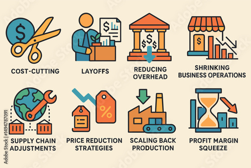 Business downsizing flat icons set – cost-cutting, layoff, economic strategies