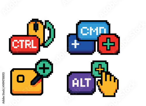 Computer shortcut pixel art icons set – colorful, buttons, keyboard navigation symbols