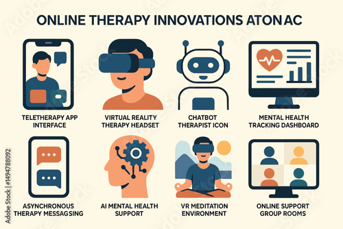 Online therapy flat icons set – digital, virtual, mental health support symbols
