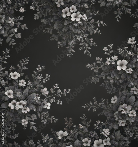 Elegant charcoal floral wallpaper; tiny blossoms and foliage repeat seamlessly , pattern, design, minimal