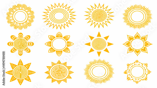 Collection of twelve sun designs with varying ray styles and central circle details in yellow color tone