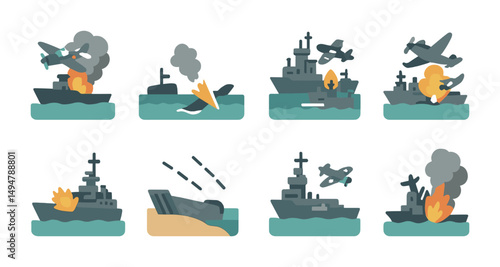 Navy and battleship flat icons set – military, war, maritime symbols