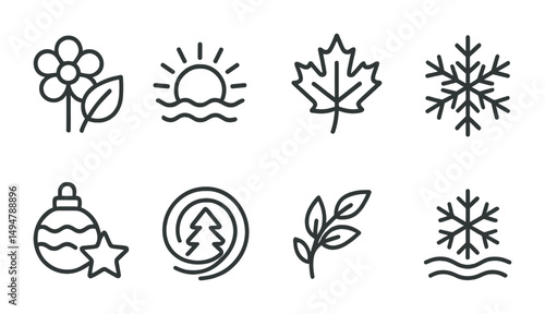 Seasons and nature outline icons set – line, silhouette, weather and foliage symbols