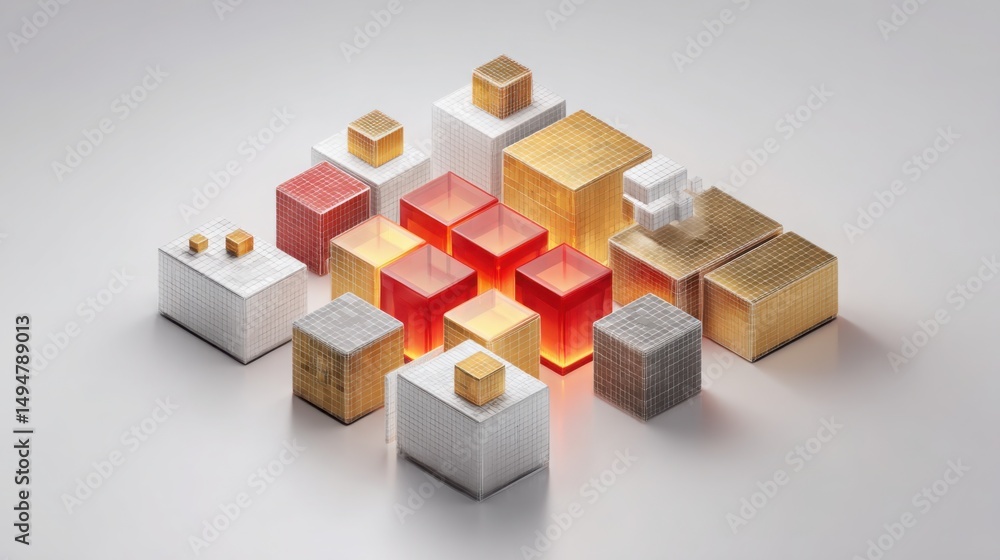 Obraz premium Vibrant group of cubes emitting red light representing blockchain-powered fibonacci-based trade result archives and insights