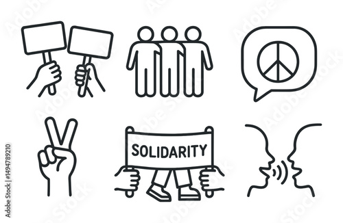 Activism line icons set – outline, solidarity, protest and peace symbols