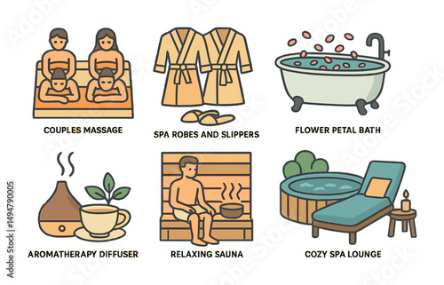 Spa and relaxation outline icons set – silhouette, wellness, self-care graphics