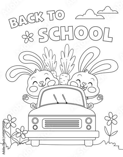 bunnies back to school coloring book. Kids coloring book with black lines isolated on white background