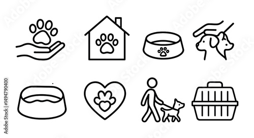 Pet care outline icons set – line art, animal welfare symbols collection