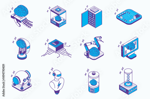 Artificial intelligence concept 3d isometric icons set for web isometry design. Collection elements of smart robot brains, intellect engineering, ai, machine learning, chip, more. Vector illustration.