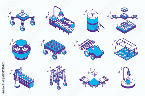 Agriculture robotization concept 3d isometric icons set for web isometry design. Collection elements of drone, conveyor belt with robotic arms, robot technology, automation, more. Vector illustration.
