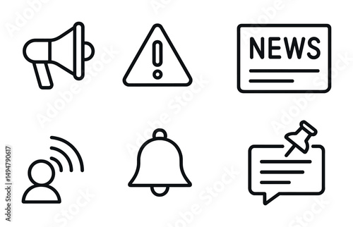 Communication and alert icons set – linear, outline, notification and message symbols