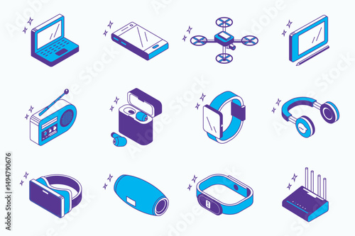 Devices and gadgets concept 3d isometric icons set for web isometry design. Collection elements of laptop, smartphone, drone, tablet and stylus, smart watch, vr headset, more. Vector illustration.