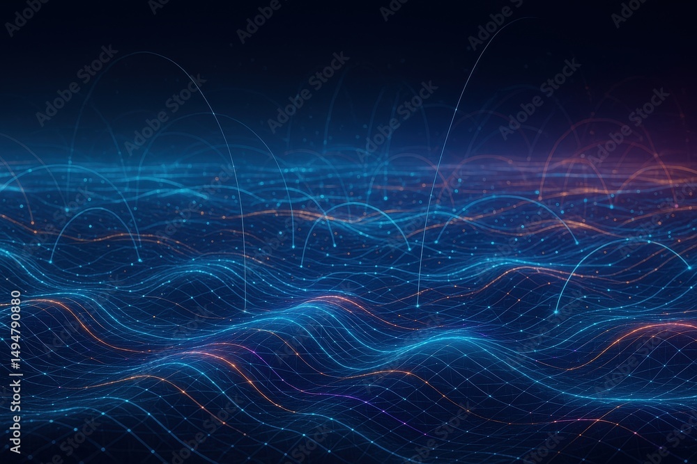 Abstract digital waves and glowing data points create a futuristic network landscape with blue and orange light trails. Abstract digital waves and glowing data points create a futuristic network landscape with blue and orange light trails.