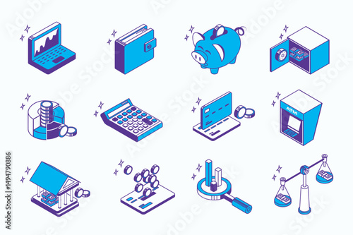 Finance management concept 3d isometric icons set for web isometry design. Collection elements of graphs, finance, piggy bank, banking safe, money, calculator, credit card, more. Vector illustration.