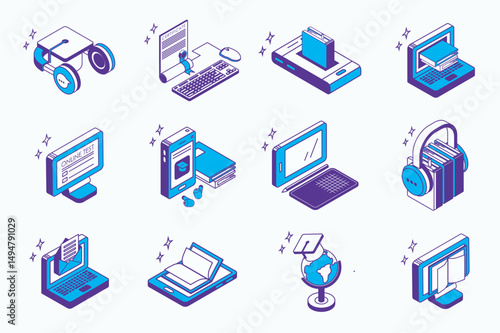 Online education concept 3d isometric icons set for web isometry design. Collection elements of video course, certificate, e-learning, ebook, test, homework, audio lesson, more. Vector illustration.
