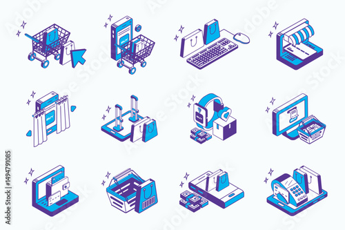 Online shopping concept 3d isometric icons set for web isometry design. Collection elements of order in cart, credit card payment, sale in store, internet shop, e-commerce, more. Vector illustration.