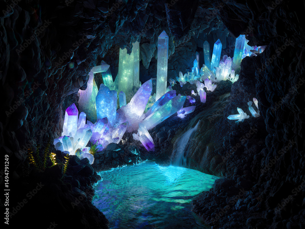 Obraz premium Magical glowing crystal cave with waterfall and luminous pool.
