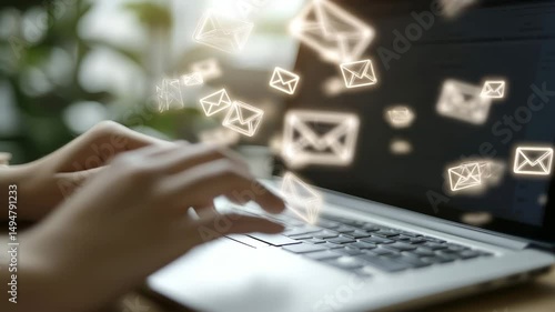 Hands typing on a laptop, action of sending or composing emails, a fundamental part of email marketing campaigns.