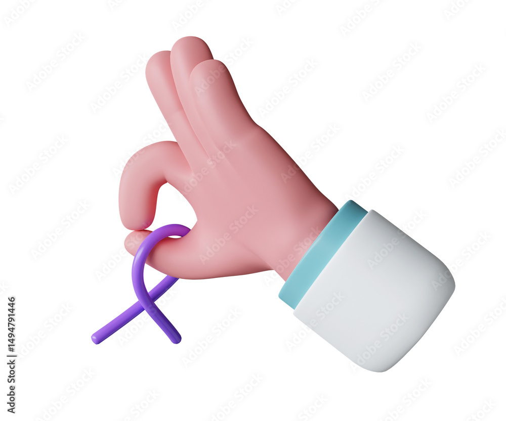 Hand Holding World Cancer Awareness Badge. World Cancer Day concept, February 4. Raise awareness, prevention, detection, treatment. Icon design 3d illustration