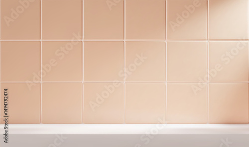 3d kitchen or bathroom scene with white table and beige tile background. Realistic room with shelf for product display