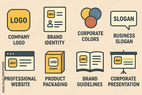 Business branding icons set - outline, corporate identity, marketing symbols