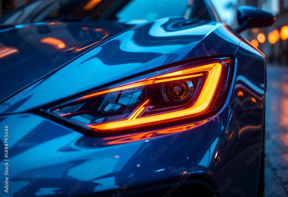Close up of a modern sports car headlight glowing bright on a sleek blue body reflecting city lights Close up of a modern sports car headlight glowing bright on a sleek blue body reflecting city lights