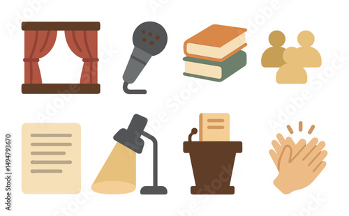 Theater and performance icons set – flat, filled, drama and stage symbols
