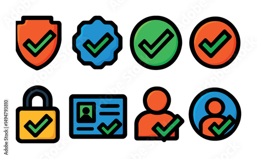 Security and verification icons set – outline, flat, protection and id symbols