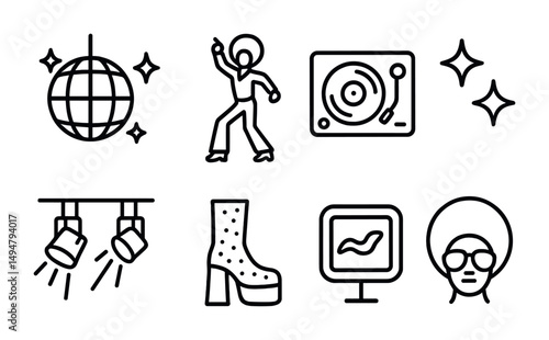 Retro disco line icons set – groove, music, vintage dance symbols