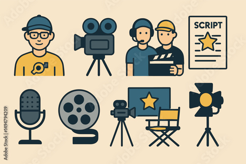 Film and cinema icons set – outline, linear, movie and video production symbols