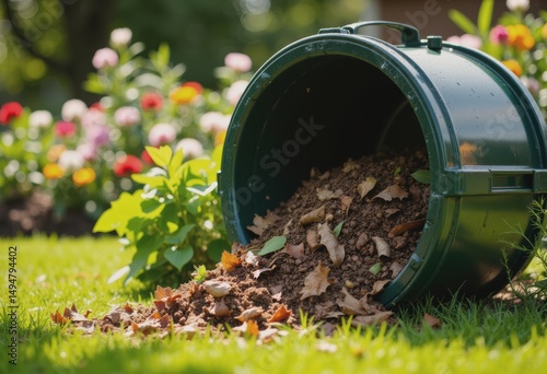 Wallpaper Mural Compost bin spilling rich soil and leaves in a vibrant garden setting Torontodigital.ca