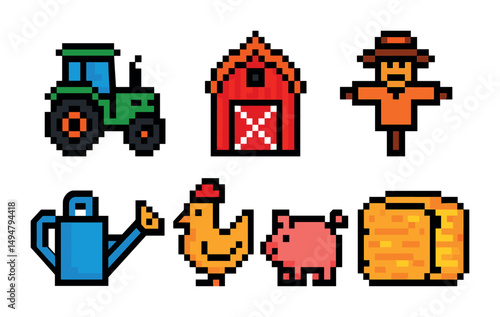 Farm and agriculture pixel art icons set – ranch, crops, barnyard symbols