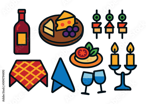 Dining and gastronomy line icons set – outline, flat, restaurant and food symbols