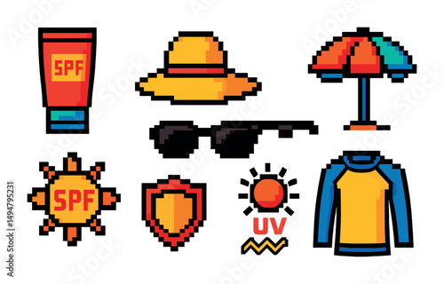 Summer essentials pixel art icons set – uv protection, sunscreen, beachwear graphics