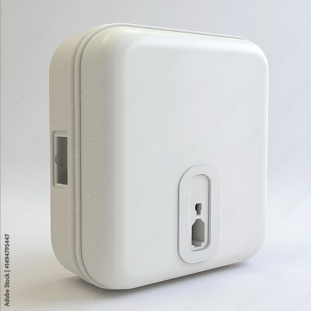 Compact white device with subtle curves, featuring a port and a small slot Compact white device with subtle curves, featuring a port and a small slot