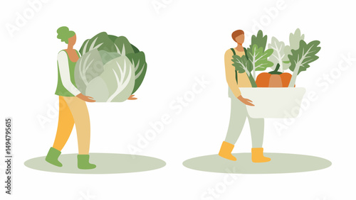 Two people carrying harvested vegetables, one with cabbage and one with basket full of produce, in flat style