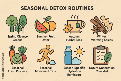 Seasonal detox routines icons set – flat, outline, wellness and health symbols