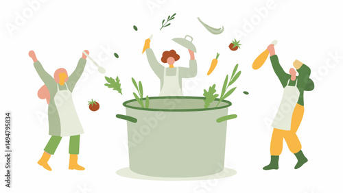 Three people cooking with a large pot and throwing vegetables in the air in celebration of cooking