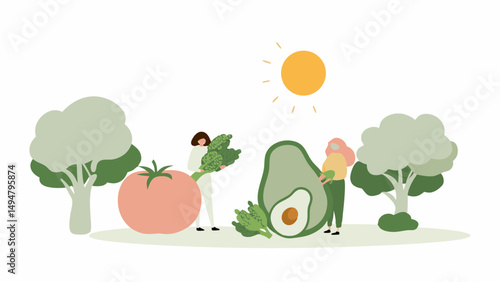 Illustration of people harvesting vegetables including broccoli tomato avocado under a bright sunlit sky