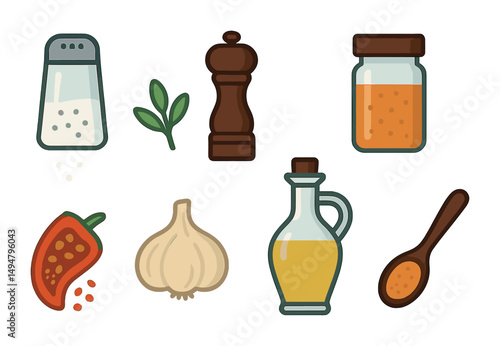 Cooking ingredients flat icons set – herbs, spices, kitchen essentials