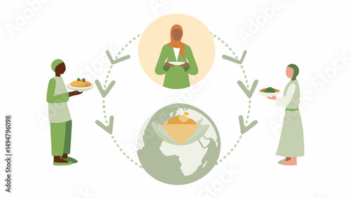 People of different ethnicities sharing food around the world connected by dotted arrows in a circle